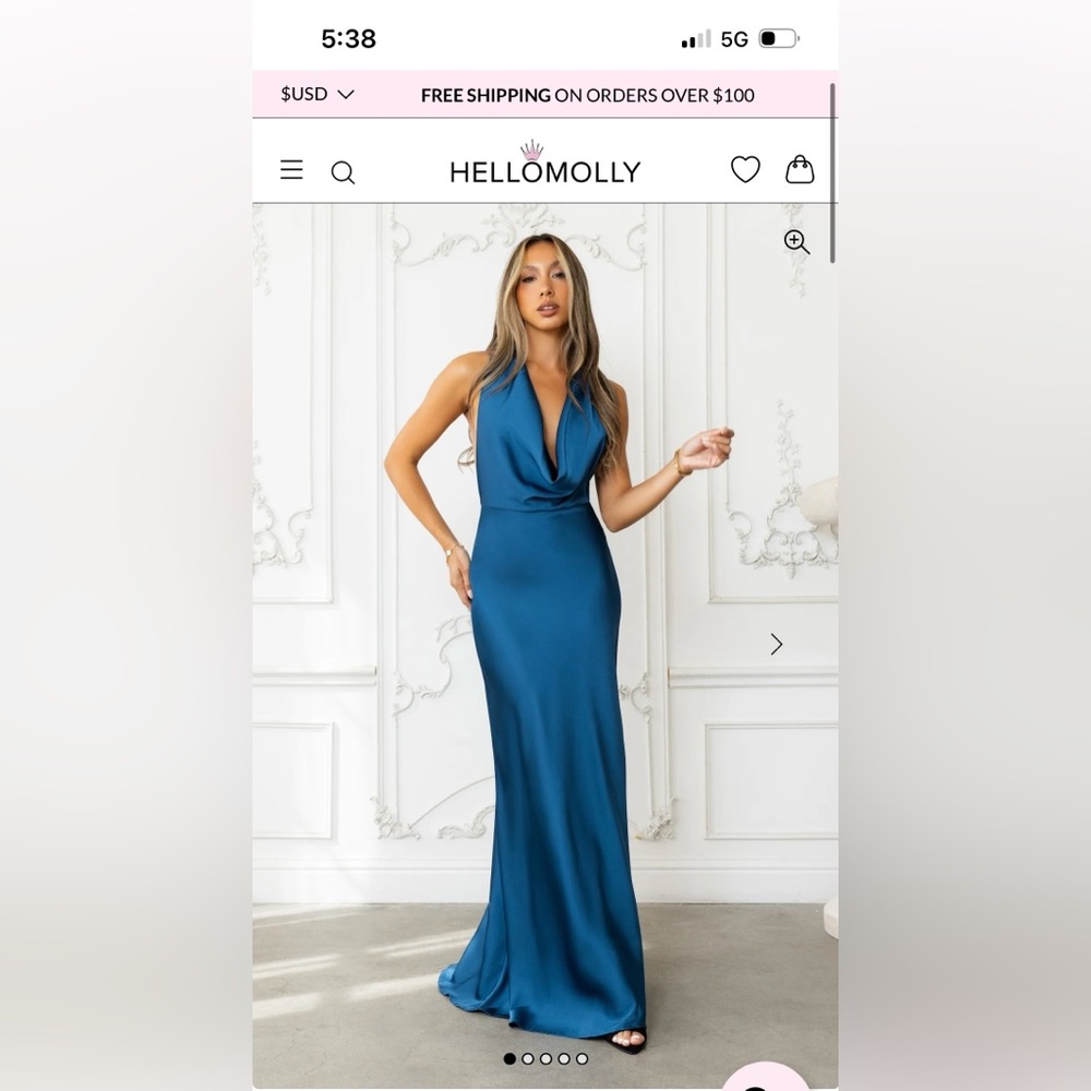 Hello Molly One-Shoulder Satin Cowl Maxi Dress in Teal